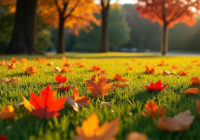 Autumn leaves on a lawn, ready for cleanup