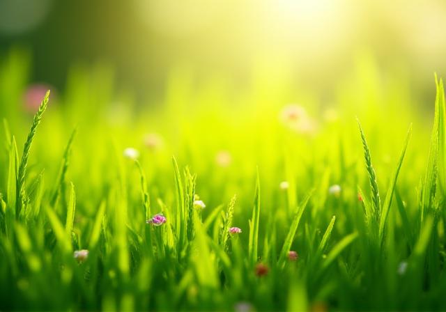 Vibrant green spring lawn with flowers