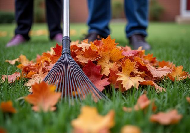 Autumn leaves being raked before removal