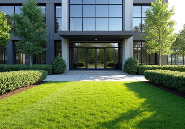 Well-maintained commercial landscape entrance