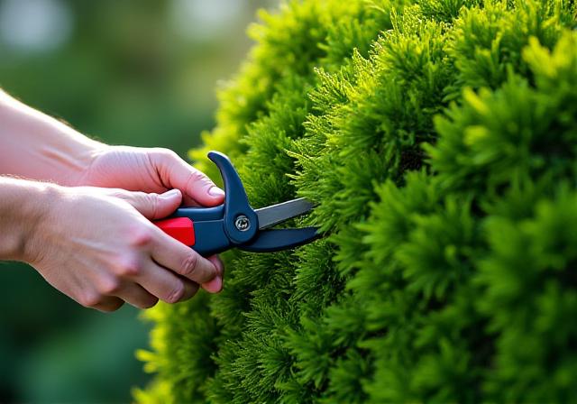 Someone trimming a large shrub