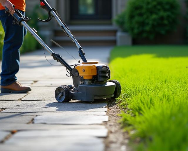 Professional landscaper edging a concrete walkway